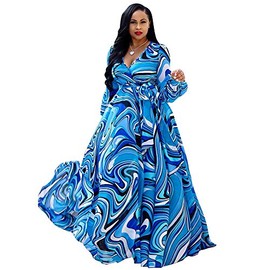 Nuofengkudu Womens Chiffon Deep V-Neck Printed Floral Maxi Dress Unique Loose Summer Boho Dresses High Waisted (Blue) XL