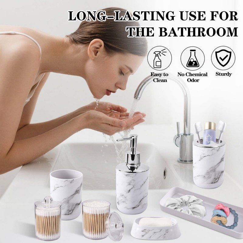 InnJoey Bathroom Accessories Set, 9-Piece Marble White Bathroom Set, White