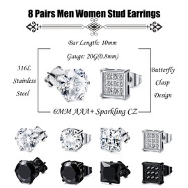 KALVICA 8 Pairs Stainless Steel Stud Earrings Mens Stud Earrings Silver Black Cubic Zirconia Stud Earrings Square Earrings Hypoallergenic for Men Women Girls 6MM