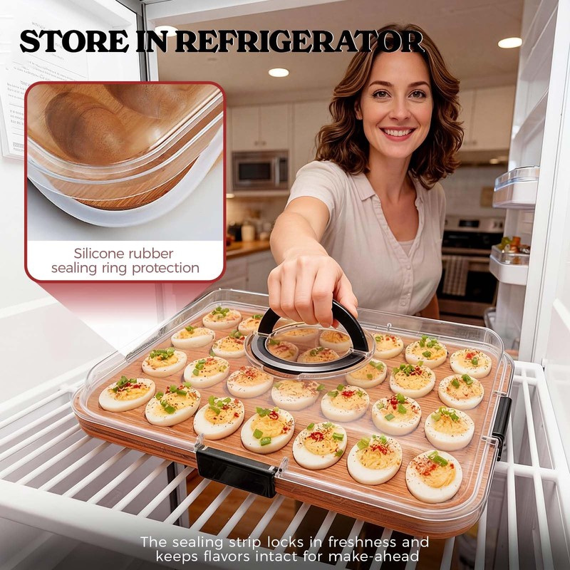 Renmxj Deviled Egg Containers with Lid, 28 Holes Reversible Acacia