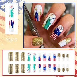 FIEONCIY Independence Day Press on Nails Square Shaped Acrylic Medium Length False Nails with Patriotic Designs Artificial Flag Square Fake Nails July 4th Glue on Fingernails for Women Girls（YS619）