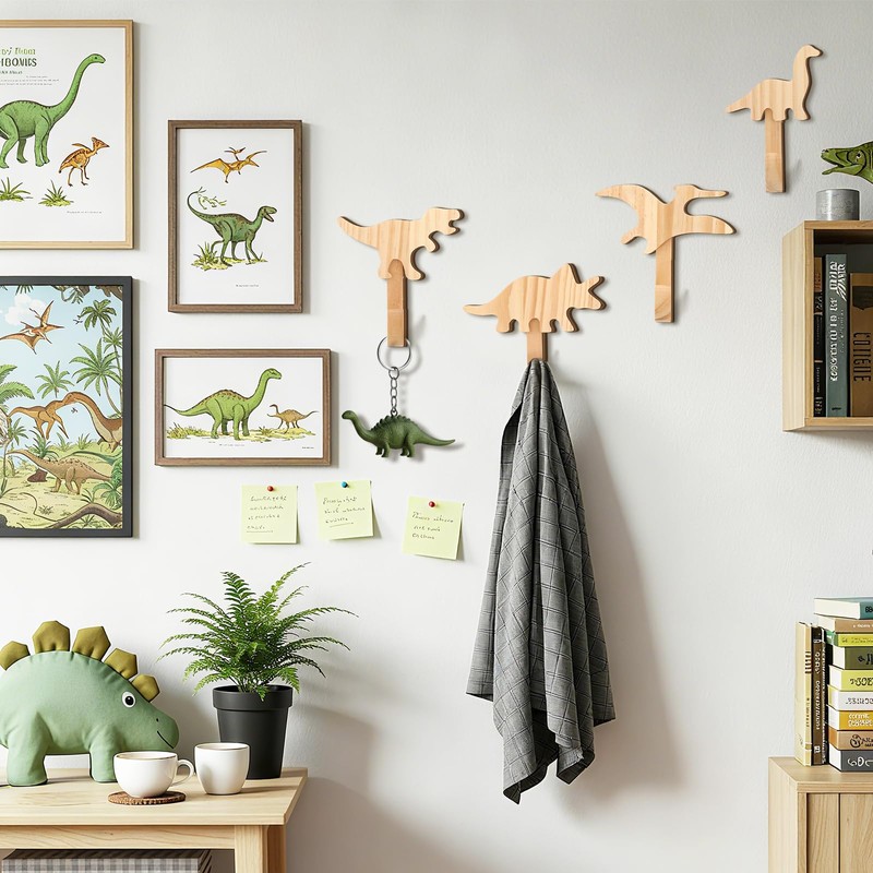 Kathfly 4 Pcs Dinosaur Coat Hooks Dinosaur Wooden Clothing Hanger