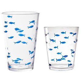 KLIFA- CHARLESTON- 16.5 & 19 oz, Set of 8, School of Fish Acrylic Drinking Glasses, BPA-Free, Stackable Plastic Drinkware, Dishwasher Safe Cups, Clear with Dark Blue Printing