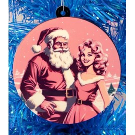 Retro Themed 1950's Santa and Mrs. Claus Pink Christmas Ornament
