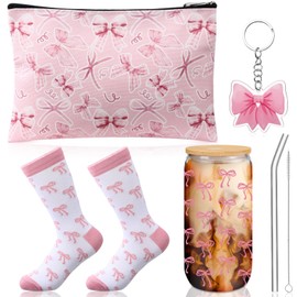 Boao Coquette Pink Bow Gift Set with Pink Bow Glass Cup Pink Bow Socks Pink Bow Cosmetic Bag Pink Bow Keychain Pink Bow Gift Box Coquette Gifts for Girls Women Friends
