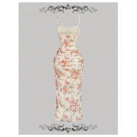 GORGLITTER Women's Mesh Floral Print Ruffle Dress Slit Thigh Ruched Spaghetti Strap Cami Dresses 2025 Vacation Beige Multicolor Large