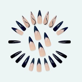 ANDGING Stiletto Press on Nails Long Black Glue on Nails with Bling Curved Line Designs Classy French Tip Fake Nails for Women Wedding Acrylic Full Cover Manicure False Stick on Nails 24 Pcs