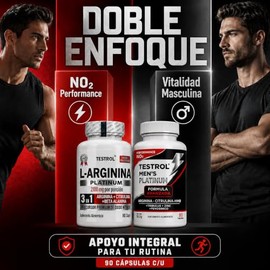 Testrol Combo Platinum 4 en 1 + L-Arginina Platinum 2100 mg por Porción con Citrulina y Beta-Alanina para Pre Entreno, 2 Frascos 90 Cápsulas c/u