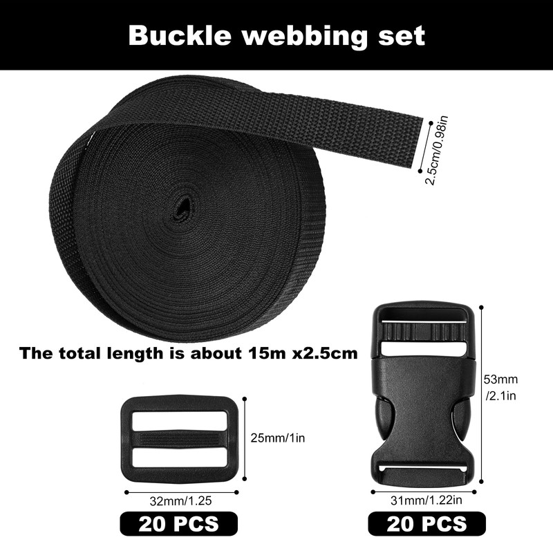 REJOECE Nylon Webbing Strap, 15M x 25mm Straps with Buckles,