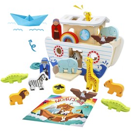 bpmfkid Noah's Ark Wooden Toy Set, Educational Wooden Animal Toys for Toddlers, Montessori Shape Sorter Educational Toys, Bible Story Engagement & Perfect Baptism, Christening Gift for 2-4 Y