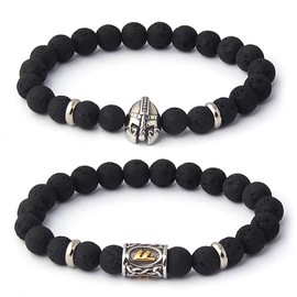 BAVIPOWER Set Rune Bead Bracelet and Viking Warrior Helmet Lava Rock Volcanic Stone Bead Elastic Adjustable Bracelet Bangle (Black)