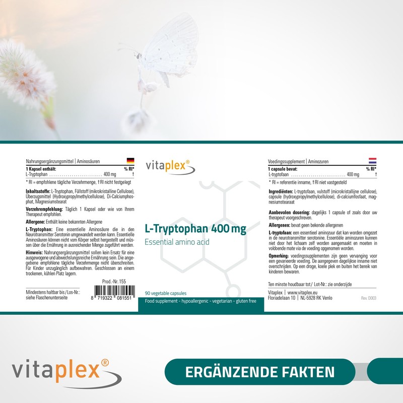 Vitaplex L-Tryptophan High Dose Capsules (400 mg, 90 Tablets) -