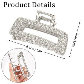 CURASA Rhinestone Hair Claw Clips For Women 2PCS Rectangle Crystal Jaw Clip Strong Hold Elegant Bling Hairclip Sliver & Black Metal Clawclips For Styling Wedding Party Accessories For Thin Thick Hair