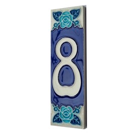 House Numbers Phosphorescent Hand-painted Italian Ceramic Number and Letter Tiles, Rose Design, Tile Size: 15cm x 5cm (Number 8)