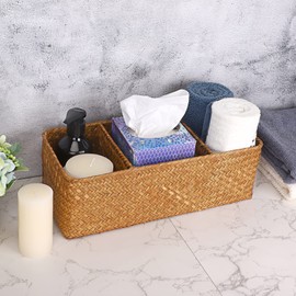 IGNPION 3-compartment Seagrass Storage Basket Woven Seagrass Desktop Basket Rectangular Organiser Box Shelves & Desks Decorative Basket for Sundries Stationery Toys Cosmetics, Caramels