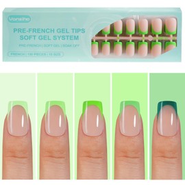 150Pcs French Gel Nail Tips, Vansiho Short Square Nail Tips, Green Pre-French Tips Press on Nails, Soak Off Soft Gel Acrylic Fake Nails for Nail Art DIY 15 Sizes