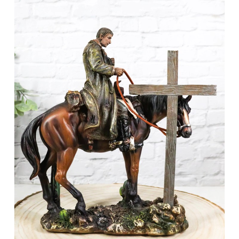 Western Cowboy in Solemn Prayer On Horse By Faded Cross