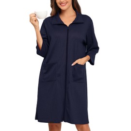 Lovasy Women's Zip Robes Waffle Dressing Gowns for Women UK 3/4 Sleeve Bathrobe Summer Ladies Dressing Gowns Lightweight Knee Length Housecoat with Pockets,Navy Blue,S
