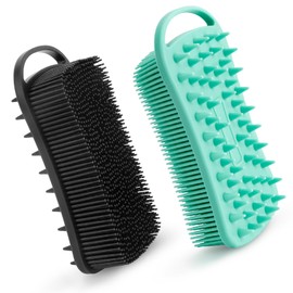 2 PCS Soft Silicone Body Scrubber, 2 in 1 Exfoliating Shower Bath Scrubber, Silicone Loofah Bath and Shampoo Brush Body Shower Use Shower Hair Scalp Massager, Easy to Clean, Lather Well (Black&Green)