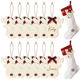 Cinnvoice 12 Pack Deer Christmas Stocking Name Tags Wooden Elk Stocking Labels Gift Tags Santa Hanging Ornament with Bow Rope Reindeer Wooden Name Tag for Xmas Holiday Decoration