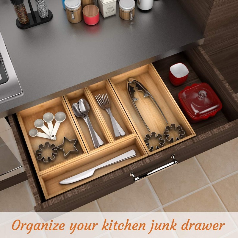 Drawer Organizer Bamboo Storage Box - Kitchen Bathroom Desk Wood