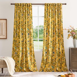 Mustard Yellow Vintage Velvet Curtains 102 inches for Living Room,Victorian Whimsical Botanical Floral Blackout Room Darkening Curtain Drapes,2 Panels Mid Century Anthropologie Bedroom Window Curtains