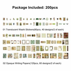 200PCS Vintage Scrapbooking Supplies Pack, Aesthetic Scrapbook Sticker Paper Art Journaling Kit for Bullet Junk Journals,Planner,Cottagecore Decor Gifts (Green Vintage Collection)