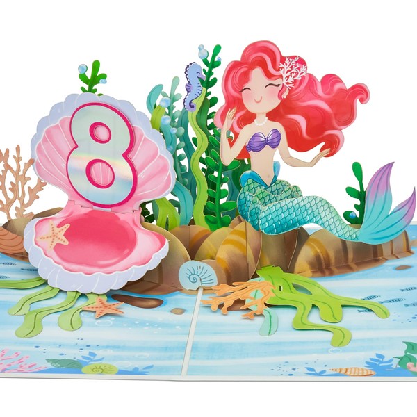 POPWOW Happy 8th Birthday Pop Up Card, Mermaid, Pearl Shell,