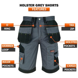 WrightFits Men Holster Work Shorts - Heavy Duty Safety Combat Cargo Summer Shorts - Multi Pockets - Triple Stitched - Durable Workwear Grey 36 W