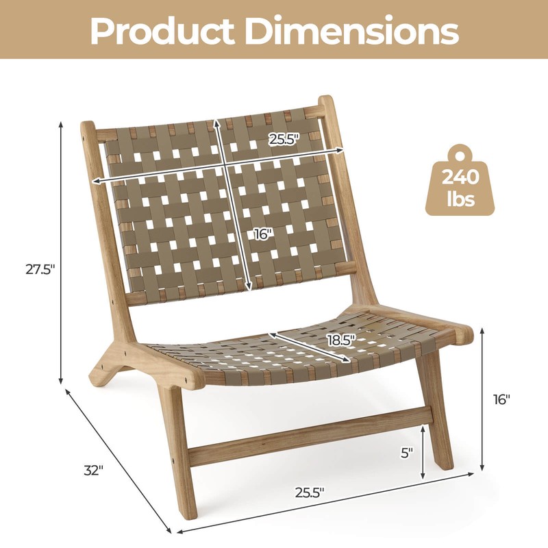 Costway Modern Teak Wood Lounge Chair w/ Nylon Woven Backrest