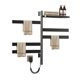Swivel Towel Rack with Storage Rack, Rotating Heated Towel Rack Wall Mounted Drying Rack,Stainless Steel Towel Warmer 5 Bars with Built-in Timer, 1h-9h,150w,Plug-in or Hardwired,Black