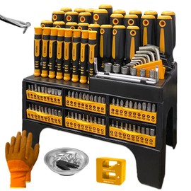 121PC magnetic screwdriver set, precision & torx, chrome vanadium steel, multi-size with hex wrench, flat & hex head, non-slip handles, includes storage rack, magnetic bowl, gloves & nail puller.