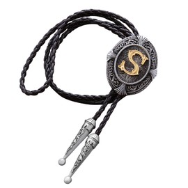Btilasif Bolo Tie Native American Western Cowboy Alphabet Golden Initial Letter A to Z Leather Necktie Bola Tie for Men Women S