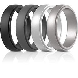 ThunderFit Silicone Rings for Men - 4 Rings Stepped Edge Rubber Wedding Bands (7mm Wide - Gun Metal, Silver, Black, Dark Grey, 5.5 - 6 (16.5mm))