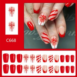 Christmas Red French Tip Press on Nails Short Square False Nails with Red Bow Designs Xmas Gift Gold Foil False Nails Stripes Glue on Nails Winter Xmas Artificial Stick on Nails for Women Girls 24Pcs