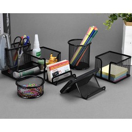 WOMGF 6 x Desk Organiser with 3 Compartments, Mesh Metal Office Organiser with Pen Holder, 6 Organiser Desk for Pens, Stapler, Folder Clips, Sticky Notes, Space-saving Desktop