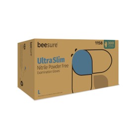 BeeSure UltraSlim Blue Nitrile Powder-Free Exam Gloves, Pack of 300, Large, 2.0 Mil