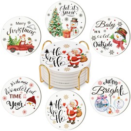 Cunhill 6 Pcs Valentine's Day Coasters Funny Bar Ceramic Drink Coasters Round Absorbent Coasters with Holder for Drinks Tabletop Protection Housewarming Birthday Mugs Cups Coffee Bar(Christmas)