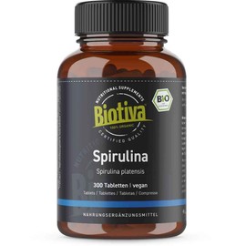Spirulina Bio 300 Tabletten a 500 mg - Premium Bioqualität - Presslinge - Arthrospira Platensis Alge - OHNE Magnesiumstearat - Abgefüllt und Kontrolliert in Deutschland - Biotiva