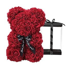 Flower Bear Rose Teddy Bear Decoration Anniversary Holiday Wedding Artificial Rose Flowers with Gift Box for Wife Girlfriend, Red