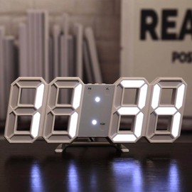 LED Digital Desk Alarm Clock Silent 3D Digital Wall Clock Desktopfor Living Room Bedroom White Frame and White Character