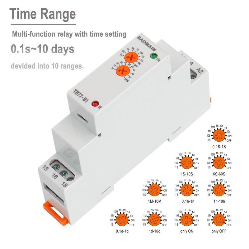 Baomain Multi-Function Time Relay, 16A/AC250V, Delay ON SPDT, DIN Rail