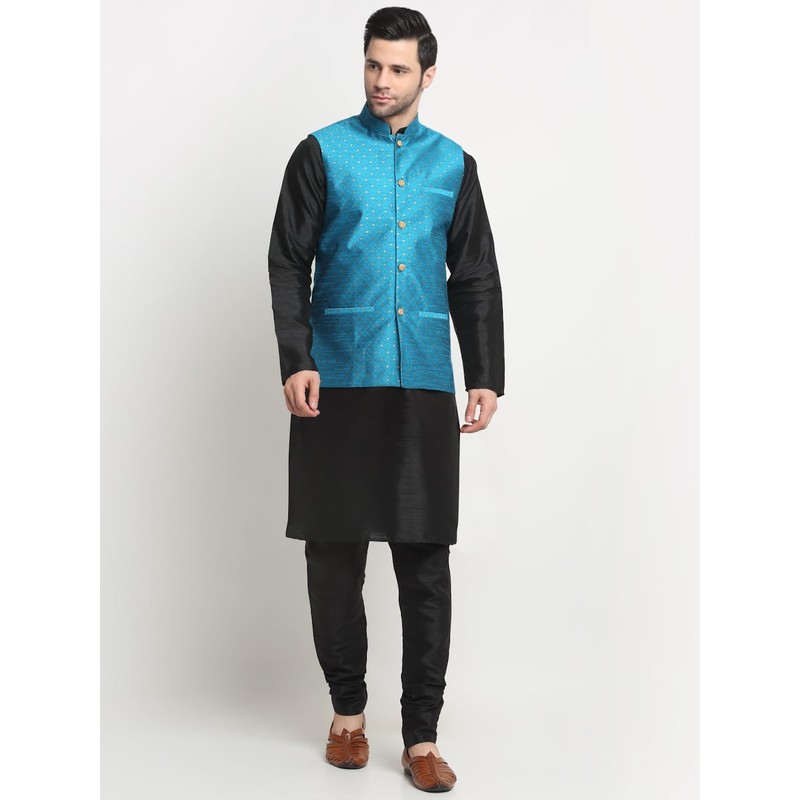 KRAFT INDIA - chamarra Nehru de seda con lunares, Azul,