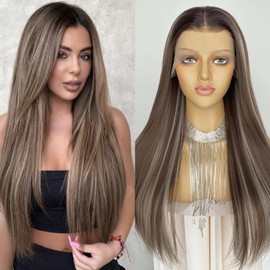 CIMITIKI Ash Brown Flaxen Color Wigs Highlight Blonde Hair 13x4 Lace Front Wig Long Silk Straight Synthetic Fiber 22Inch for Women