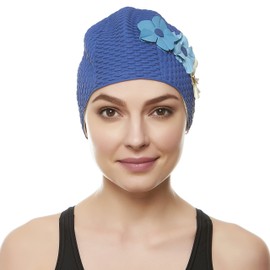 BEEMO Swim Bathing Caps for Women Latex Triple Flowers-Navy w/Blue Colored Flowers