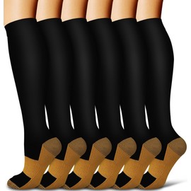 COOLOVER - Calcetines de compresión de cobre para mujeres y hombres (6 pares), el mejor apoyo para correr, atletismo, viajes, 28 Black 6 Pairs, Large-X-Large