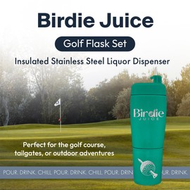 Pour Caddy Birdie Juice Golf Flask Set, Insulated Stainless Steel Liquor Dispenser with Flip top Pour Spout, Leak Proof Cap, Removable Base, Hidden Shot Cups & Ball Marker, 20 oz (Fairway Green)