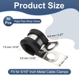 PATIKIL 5/16 Inch Cable Clamps, 50 Pcs 304 Stainless Steel Conduit Clamp Cable Rigid Pipe Strap Metal Rubber Clips for Pipes Wire Line Hose Bracket Tube Holder, Black (7.9mm)