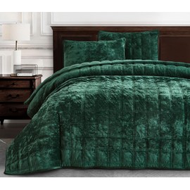 Chezmoi Collection Piers Forest Green Velvet Quilt Oversized King Set, 3-Piece Plush Distressed Velvet Bedding All Season Lightweight Comforter - Brushed Microfiber Reverse with Double Square Stitch