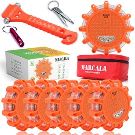 Marcala LED Road Flares Emergency Lights 6‑Pack | Roadside Safety Disc & LED Safety Flare | Roadside Hazard Emergency Kit w/Boat Flare Kit | Batteries, Case & Whistle Included | Feel Safe on Road